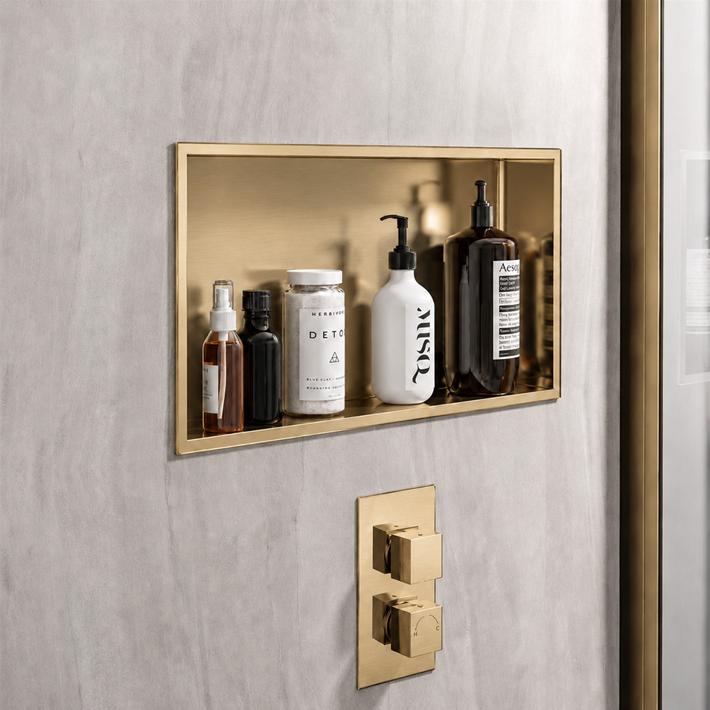 Brushed Brass 300 x 600mm Shower Niche Storage - Eastbrook