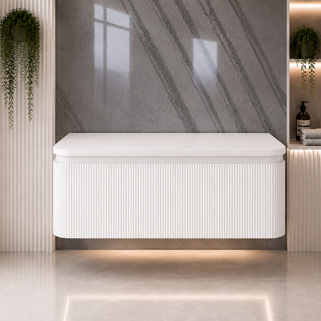 Belice High Gloss White Fluted 1000 Wall Hung White Top Vanity Unit - Eastbrook