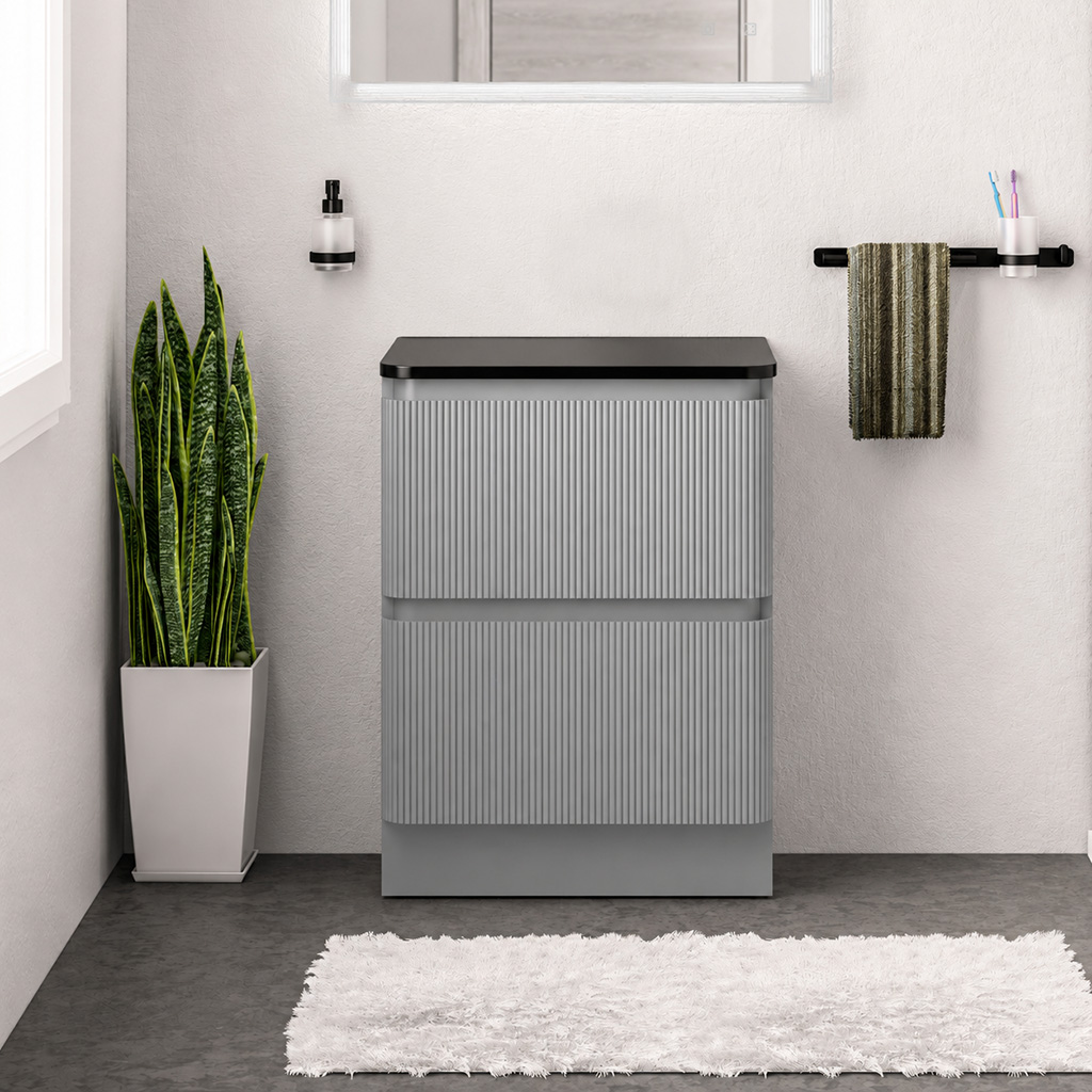 Belice Grey Fluted 600 Floorstanding Black Top Vanity Unit - Eastbrook