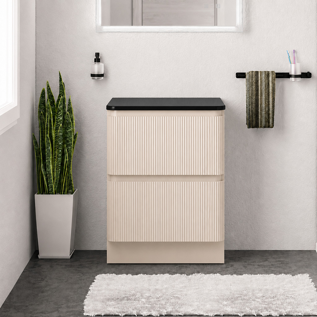 Belice Cashmere Fluted 600 Floorstanding Black Top Vanity Unit - Eastbrook