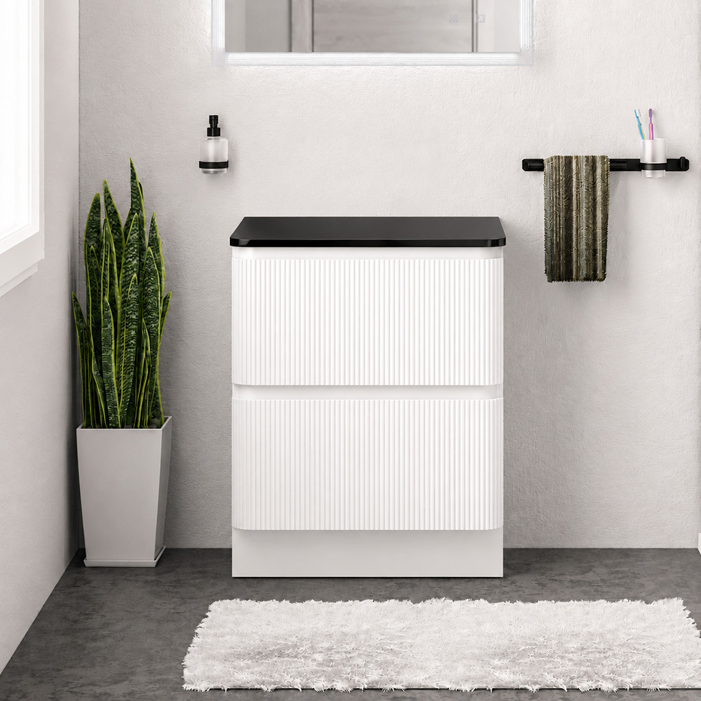Belice White Gloss Fluted 600 Floorstanding Black Top Vanity Unit - Eastbrook
