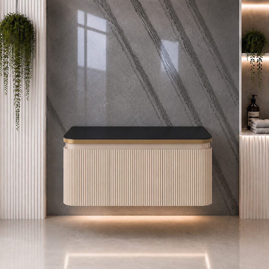 Belice Cashmere Fluted 800 Wall Hung Black Top Vanity Unit - Eastbrook
