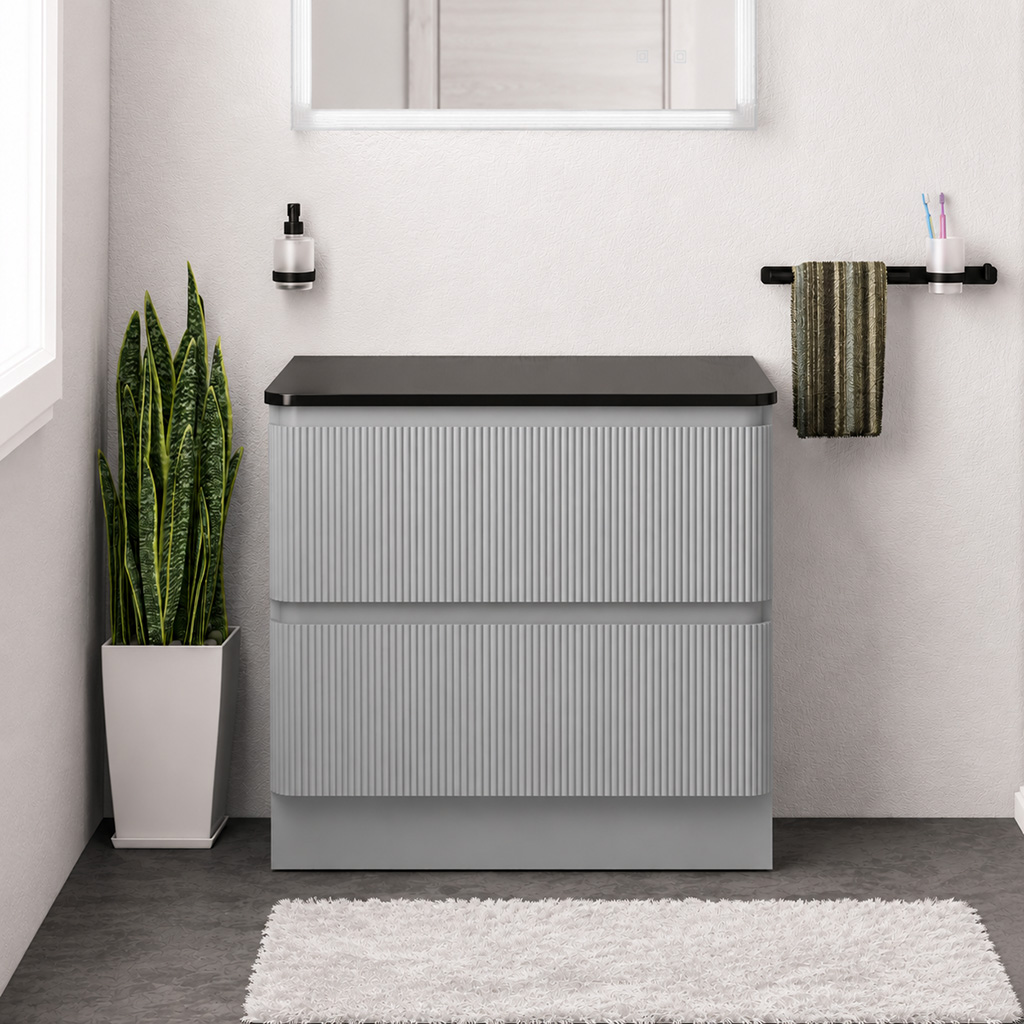 Belice Matt Grey Fluted 800 Floorstanding Black Top Vanity Unit - Eastbrook