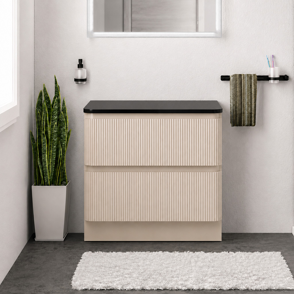 Belice Cashmere Fluted 800 Floorstanding Black Top Vanity Unit - Eastbrook
