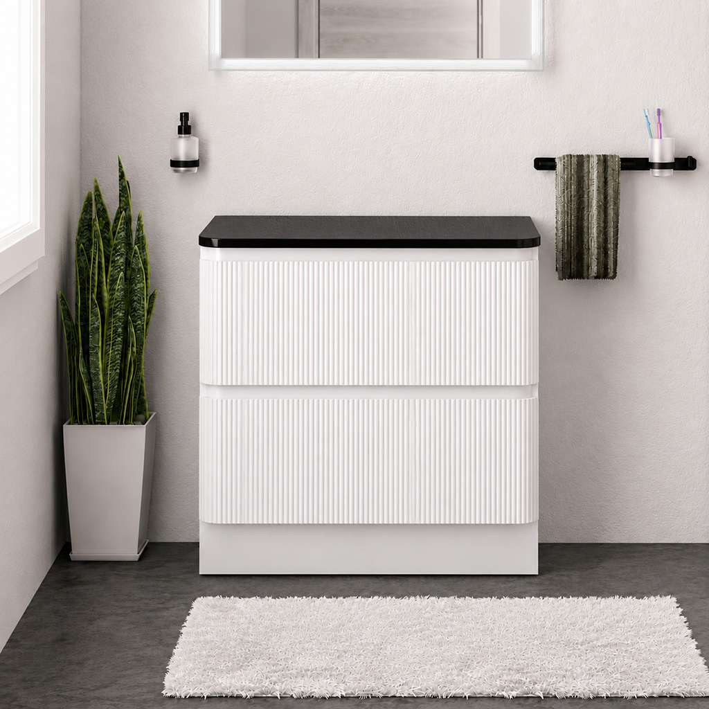 Belice White Gloss Fluted 800 Floorstanding Black Top Vanity Unit - Eastbrook