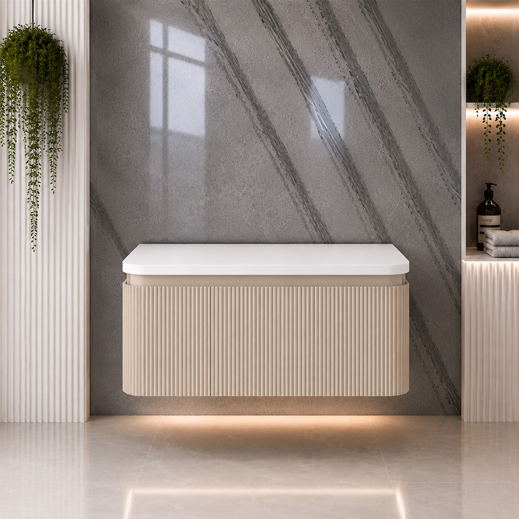 Belice Cashmere Fluted 800 Wall Hung White Top Vanity Unit - Eastbrook