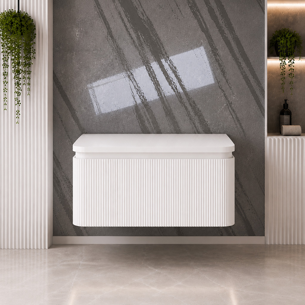 Belice High Gloss White Fluted 800 Wall Hung White Top Vanity Unit - Eastbrook