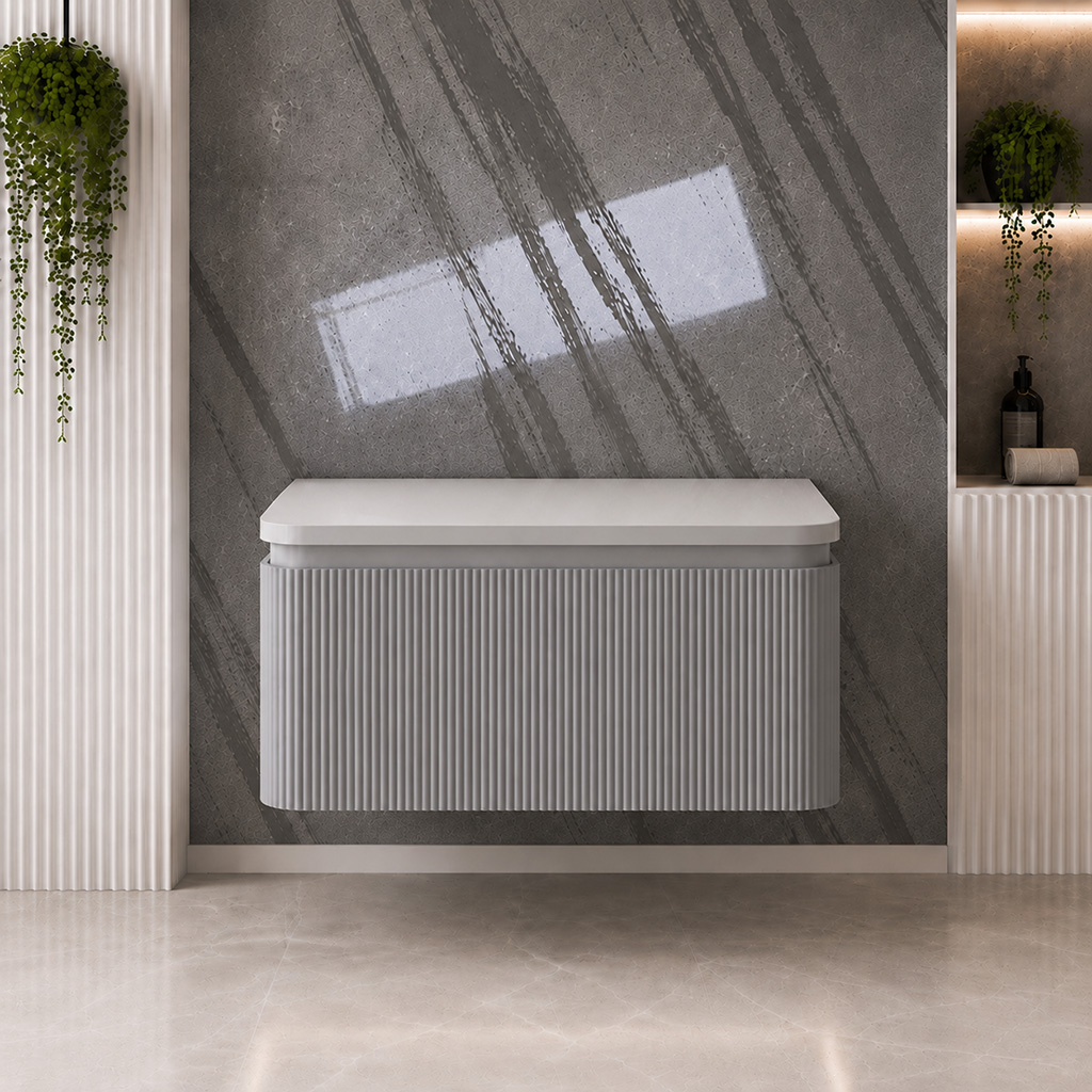 Belice Matt Grey Fluted 800 Wall Hung White Top Vanity Unit - Eastbrook