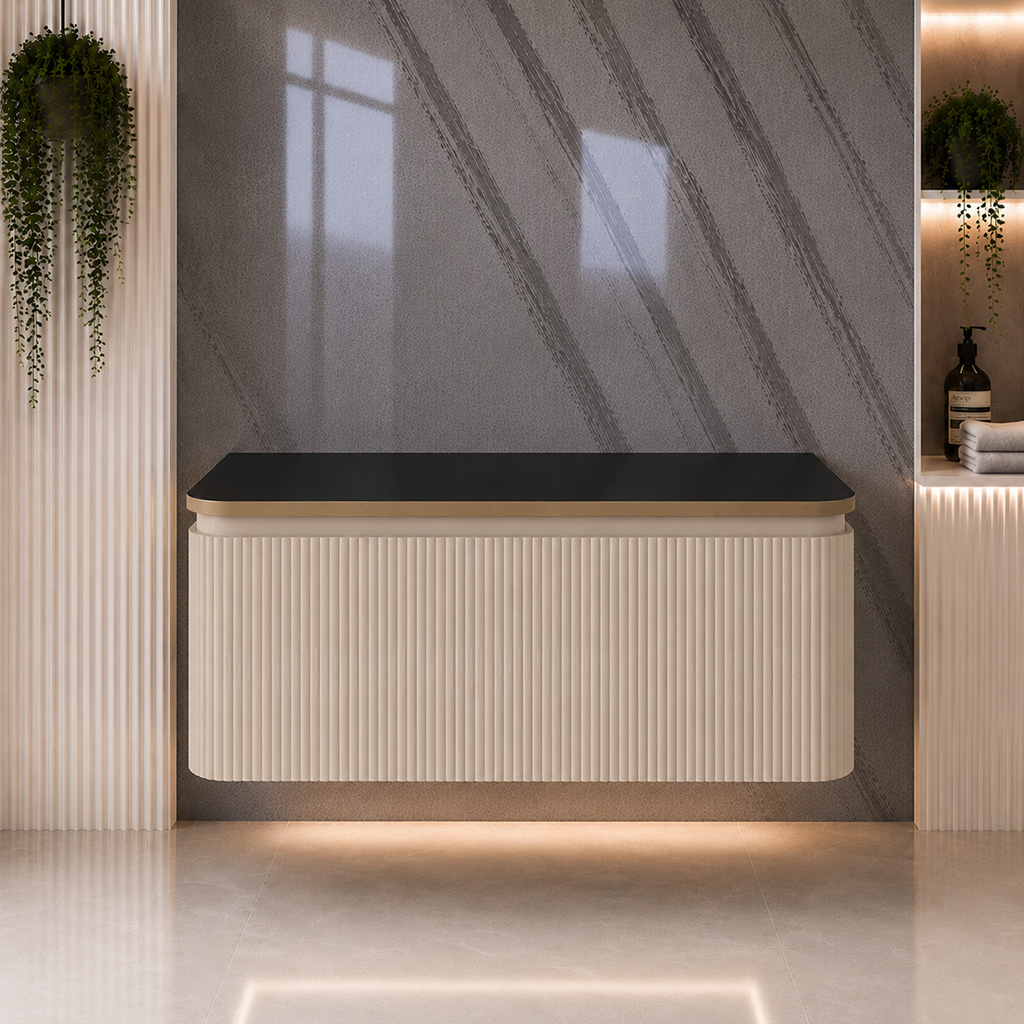Belice Cashmere Fluted 1000 Wall Hung Black Top Vanity Unit - Eastbrook