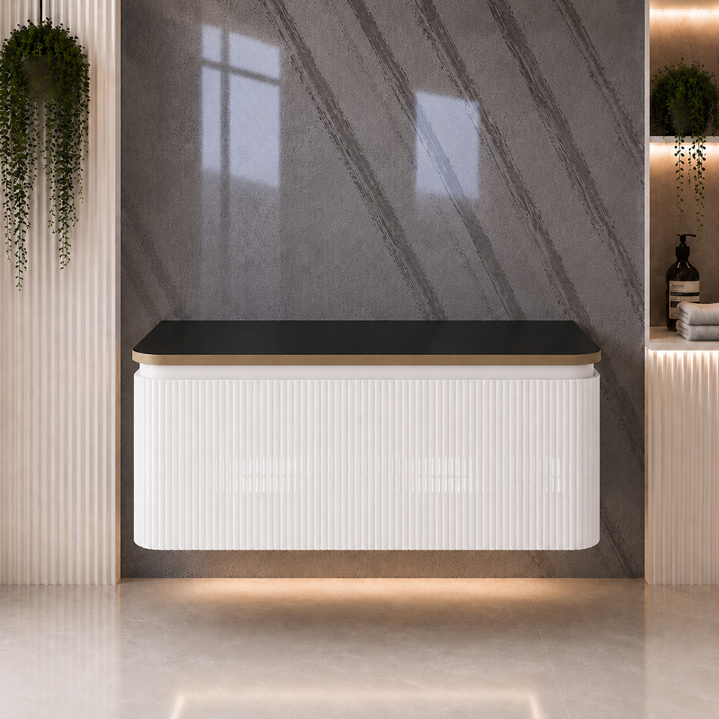 Belice High Gloss White Fluted 1000 Wall Hung Black Top Vanity Unit - Eastbrook
