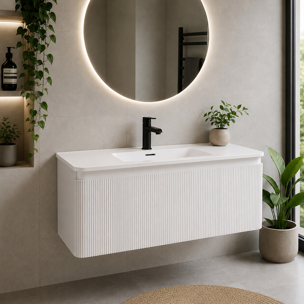 Belice High Gloss White Fluted 1000 Wall Hung Vanity Unit - Eastbrook