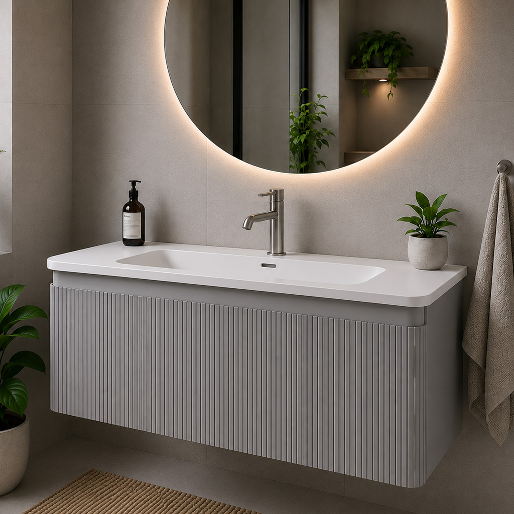 Belice Matt Grey Fluted 1000 Wall Hung Vanity Unit - Eastbrook