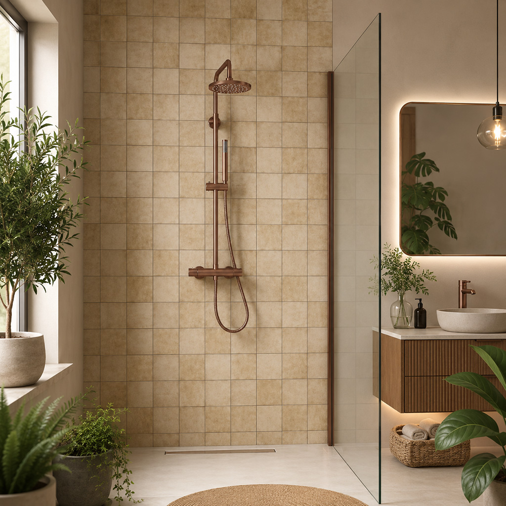 Meriden Brushed Bronze Round Telescopic Shower Riser Kit With Exposed Bar Valve - Eastbrook