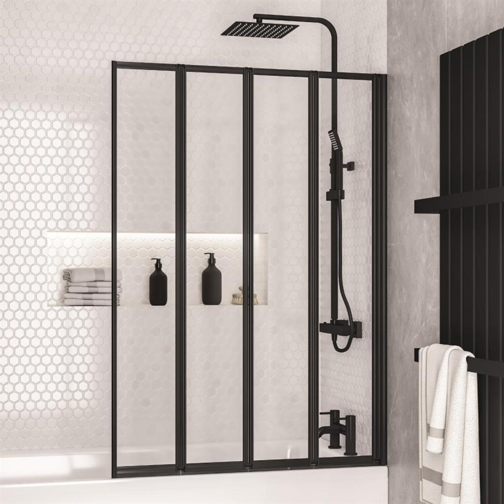 Volente Matt Black 6mm 1400 x 1000 4 Fold Shower Bath Screen - Eastbrook