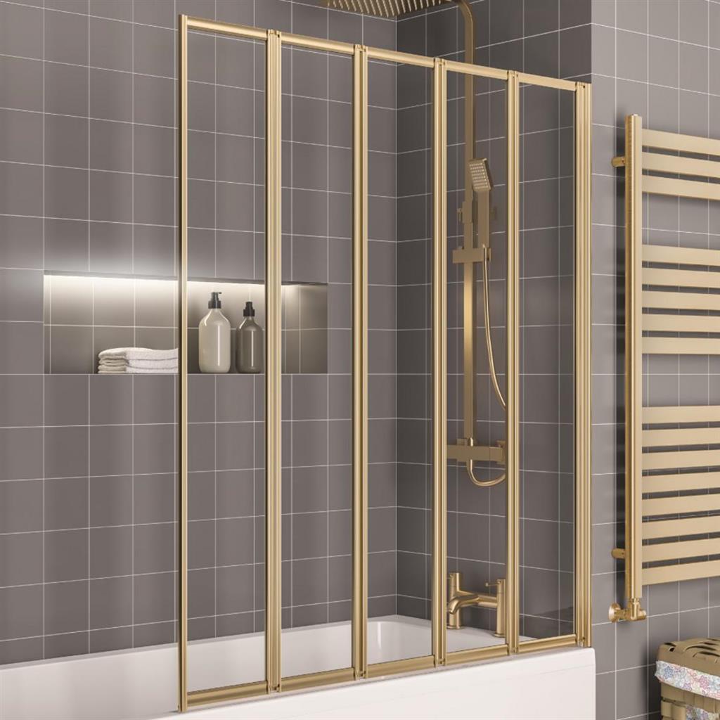 Volente Brushed Brass 6mm 1400 x 1250 5 Fold Shower Bath Screen - Eastbrook