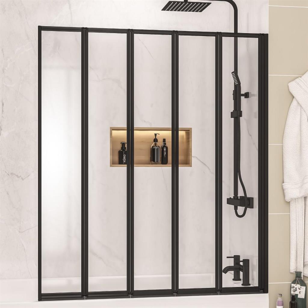 Volente Matt Black 6mm 1400 x 1250 5 Fold Shower Bath Screen - Eastbrook