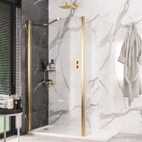 Volente Brushed Brass Walk-In Panel Easy Clean Glass - Eastbrook