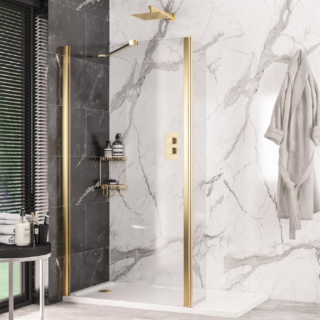 Volente Brushed Brass Walk-In Panel Easy Clean Glass - Eastbrook